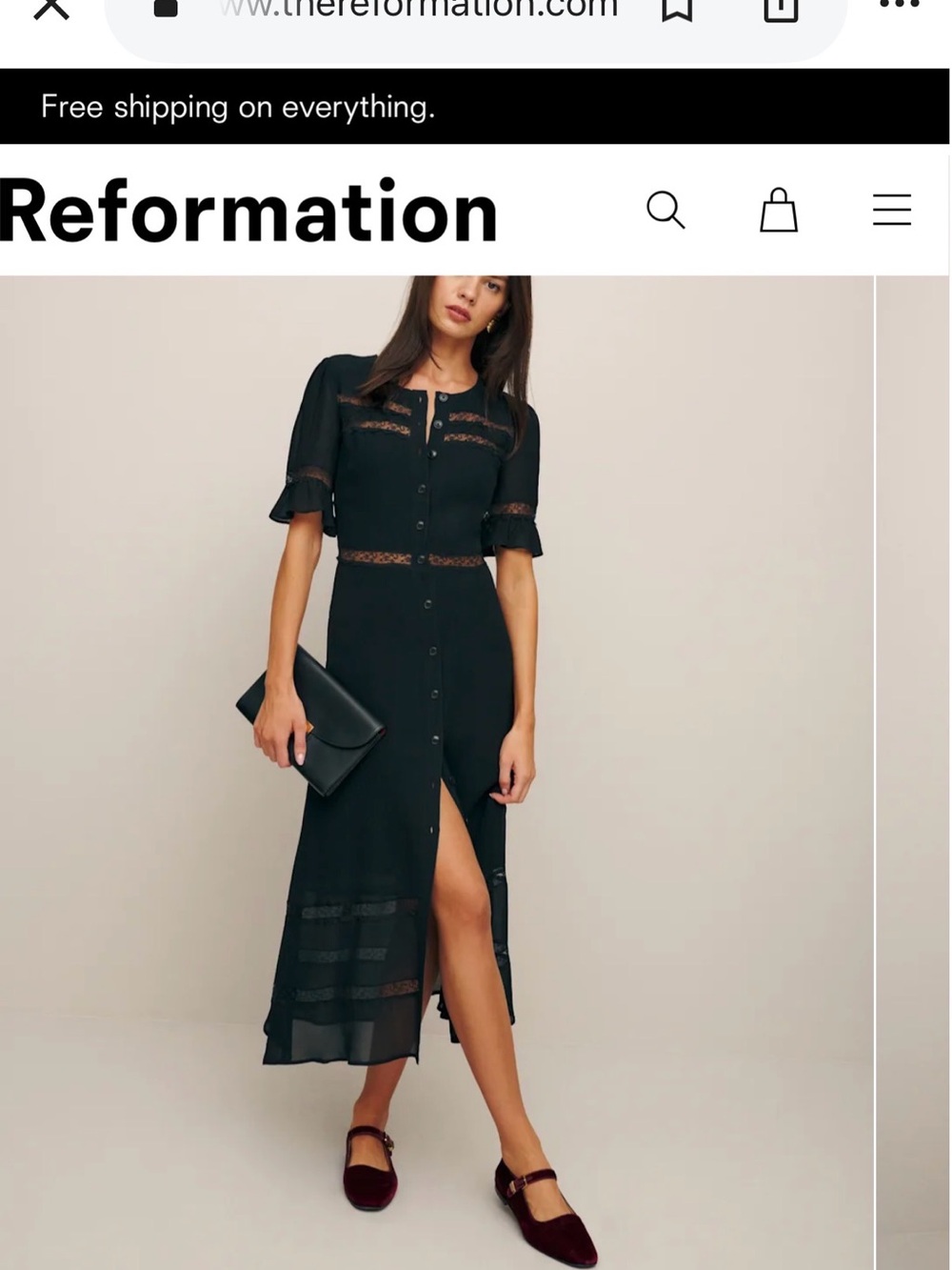 Reformation Black Lace-Trim Button Midi Dress